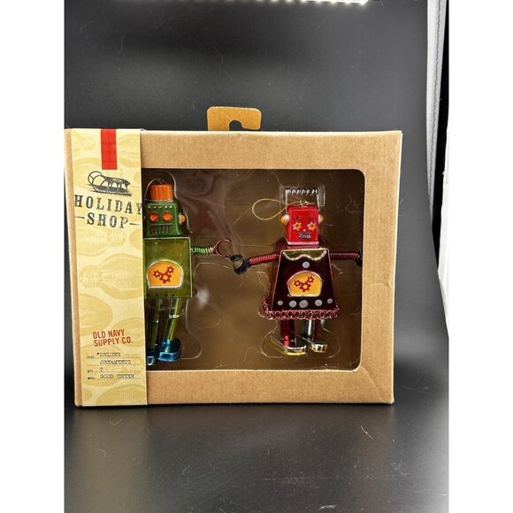 Old Navy Box of Robot Christmas Ornaments Red Green Spring Arms Dangling Legs - Picture 1 of 16